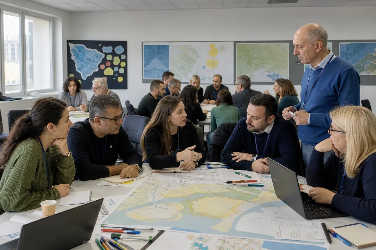 International participants working with hazard maps during a preparedness workshop.