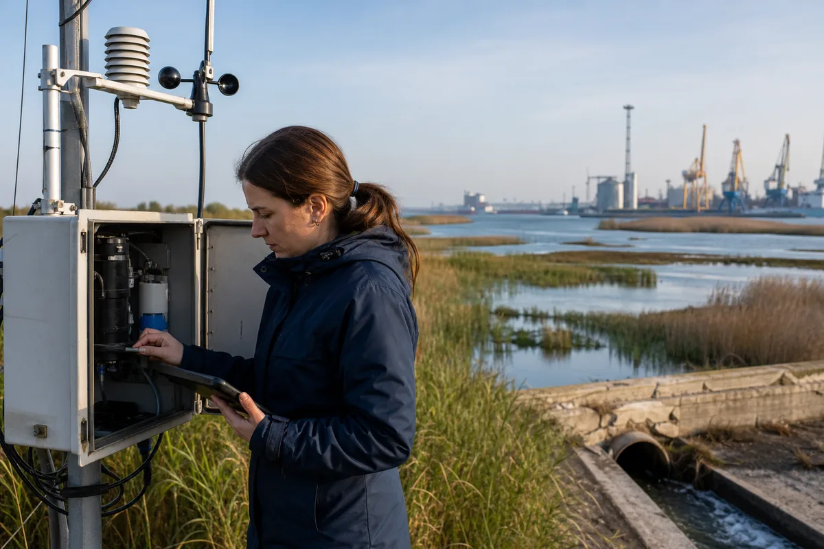 A field scientist checking a coastal environmental monitoring station.